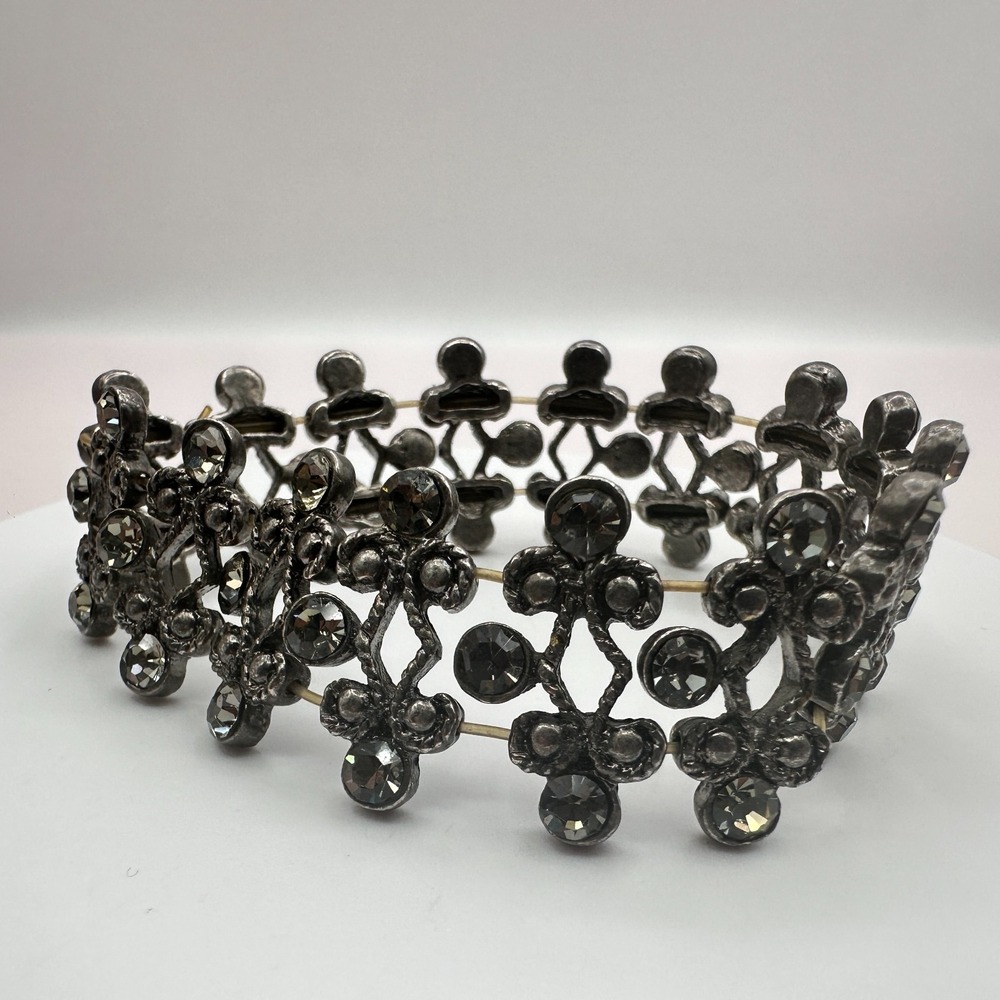 Vintage 90s Gunmetal Gray Glass Stretch Boho Cuff Bracelet Y2K Jewelry